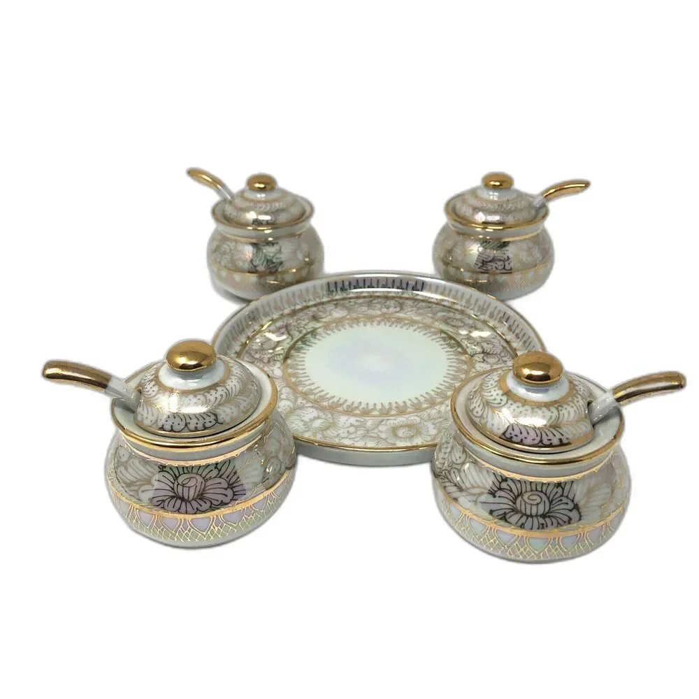 Porcelain Lusterware Serving Set VTG 4 Jam Jars w/Lids Spoons & Tray Thailand